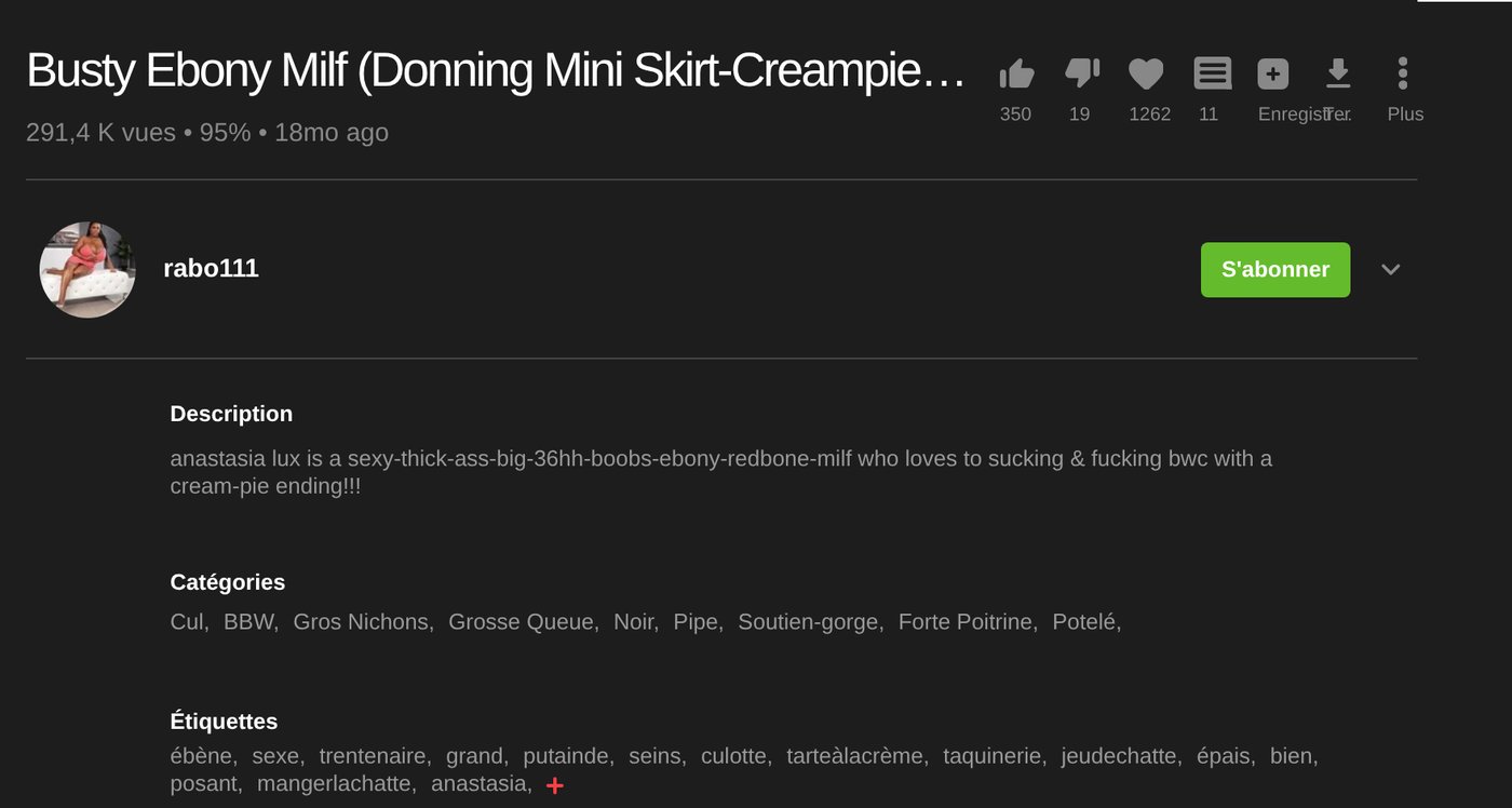 Fiche vidéo de PornOne en français: titre, boutons, description, catégories et étiquettes